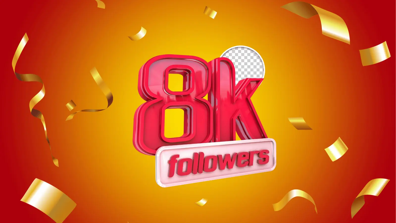 Red 3D 8K followers badge with gold confetti and transparent circle for AI-assisted workflow