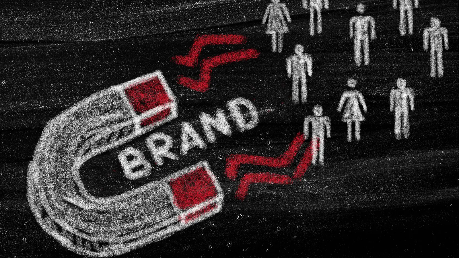 Chalkboard drawing of a U-shaped magnet labeled 'BRAND' attracting small people icons for analytics