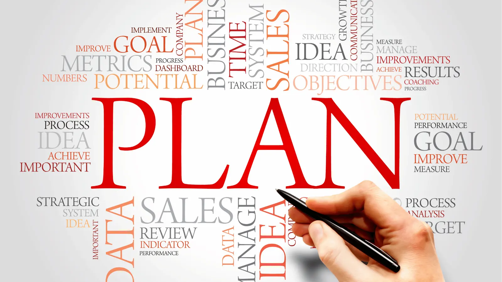 Hand holding a pen near a word cloud dominated by the red word PLAN