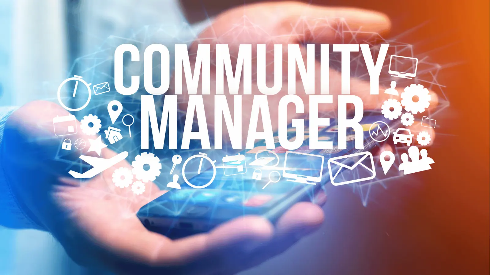 Hands holding smartphone with 'Community Manager' text and white icons