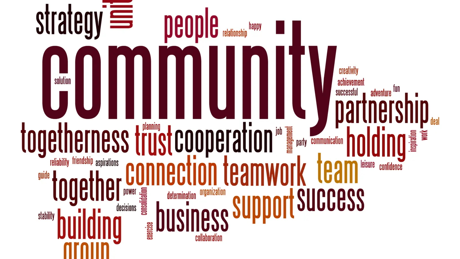 Word cloud graphic with community teamwork connection partnership words in burgundy and orange