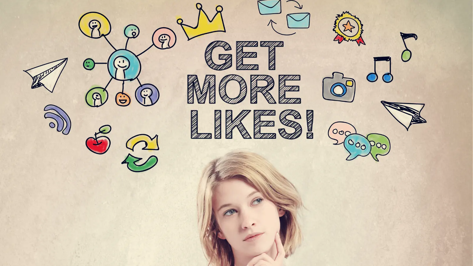 Young woman looking up at sketched icons and large 'Get More Likes' text