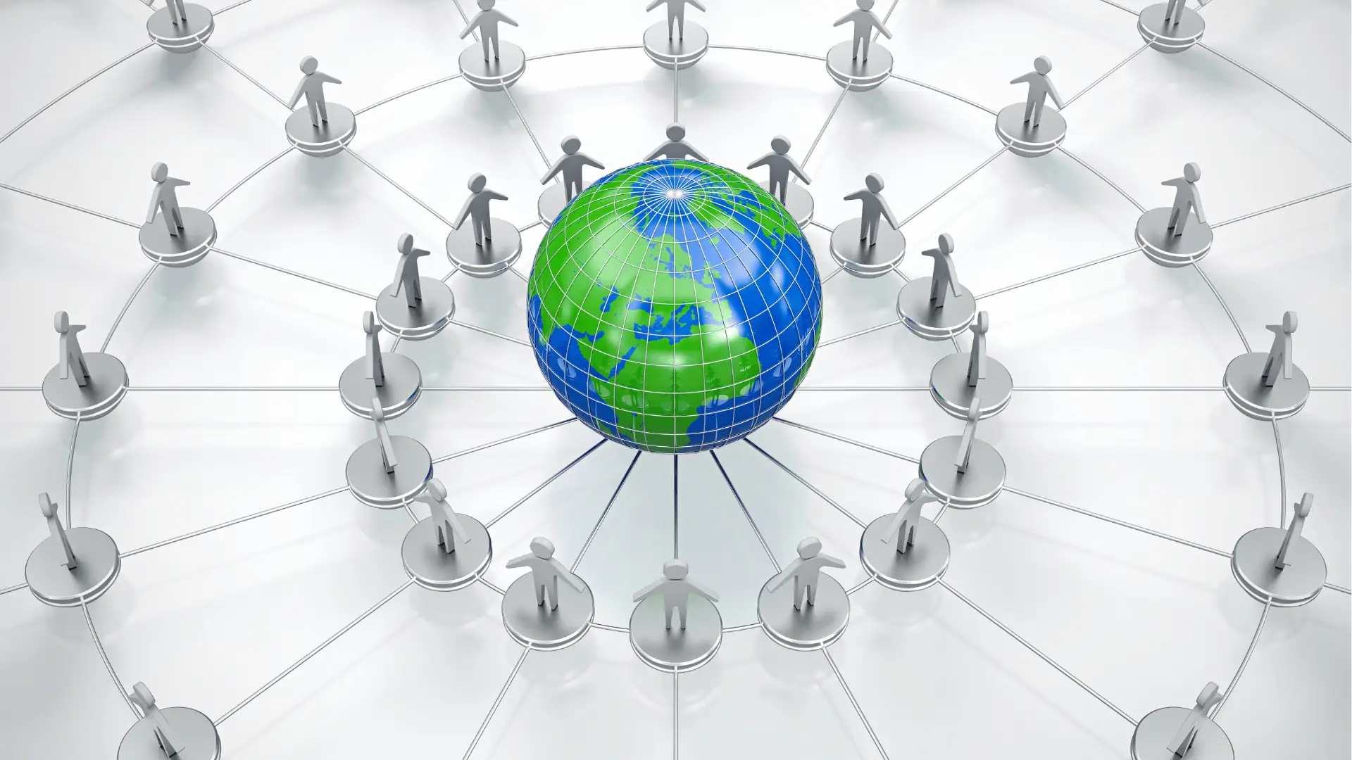Metallic figurines connected around a central globe representing a global network