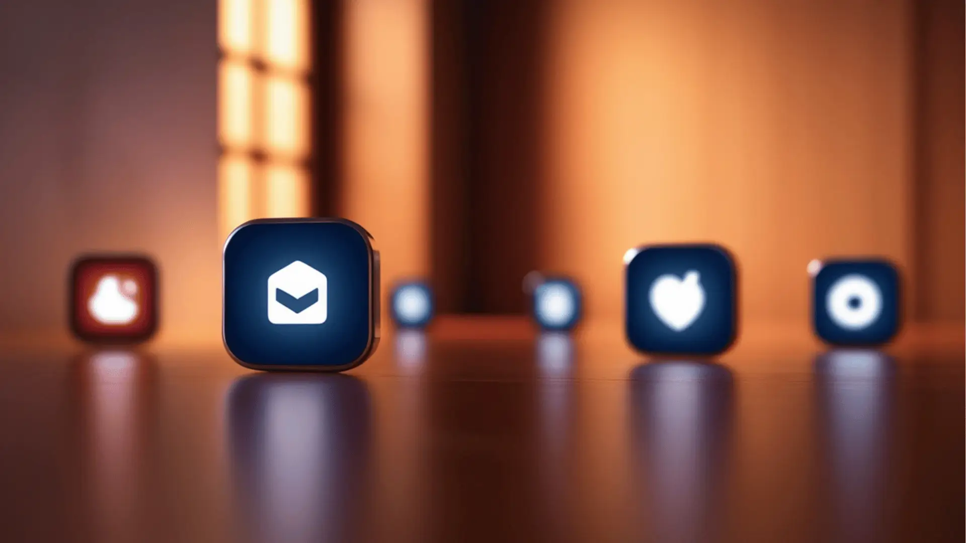 Close-up of glowing rounded app icons on a reflective wooden surface