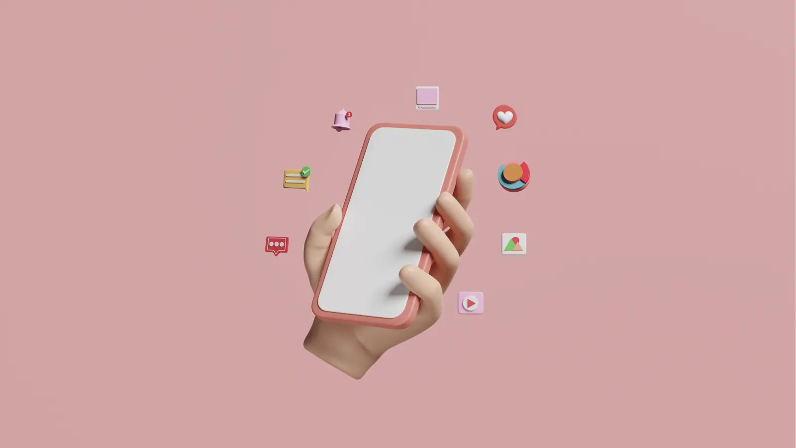 3D hand holding pink smartphone with floating app icons on pink background
