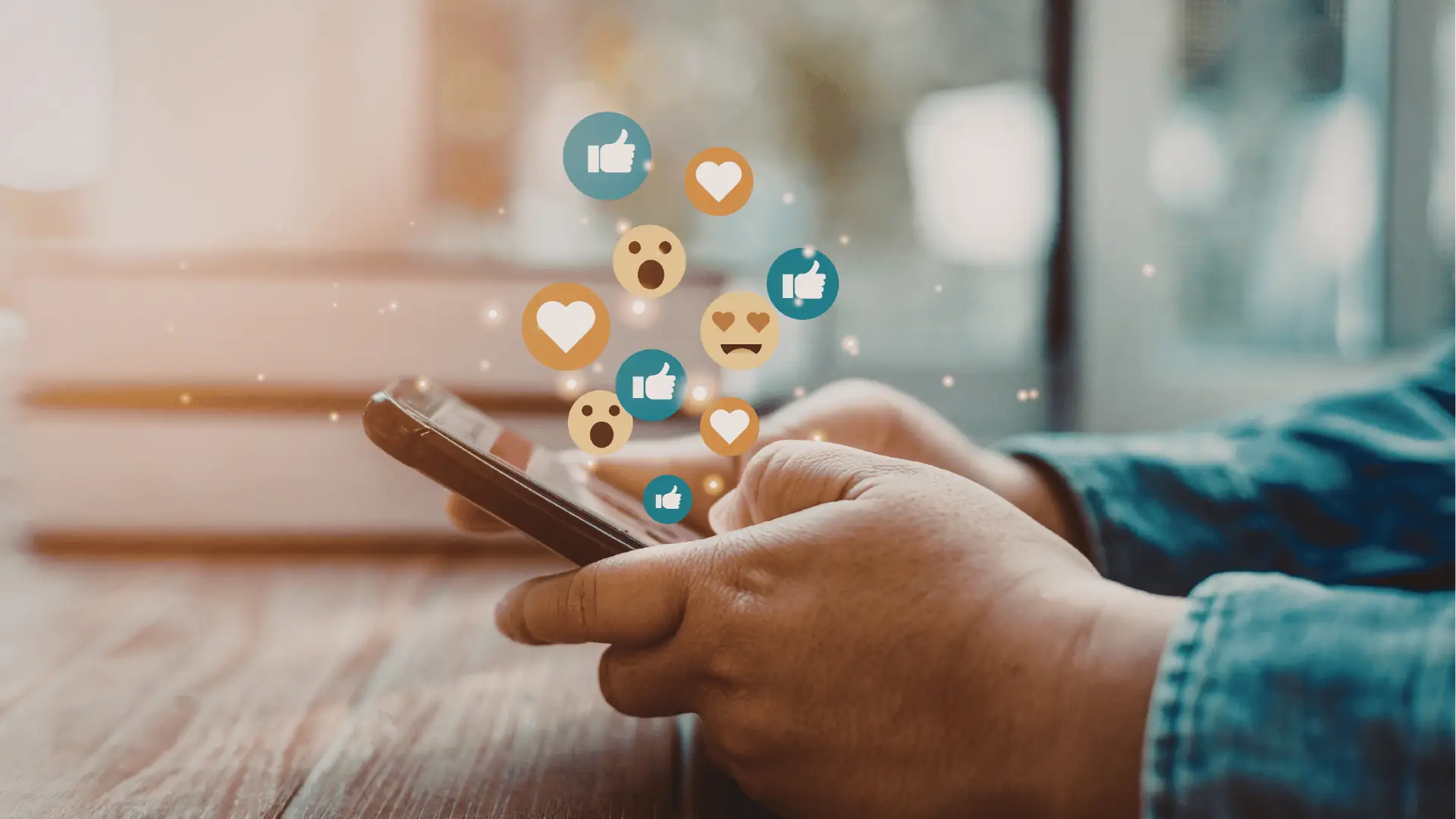 Close-up of hands holding smartphone with floating social reaction icons above screen for multi-brand management