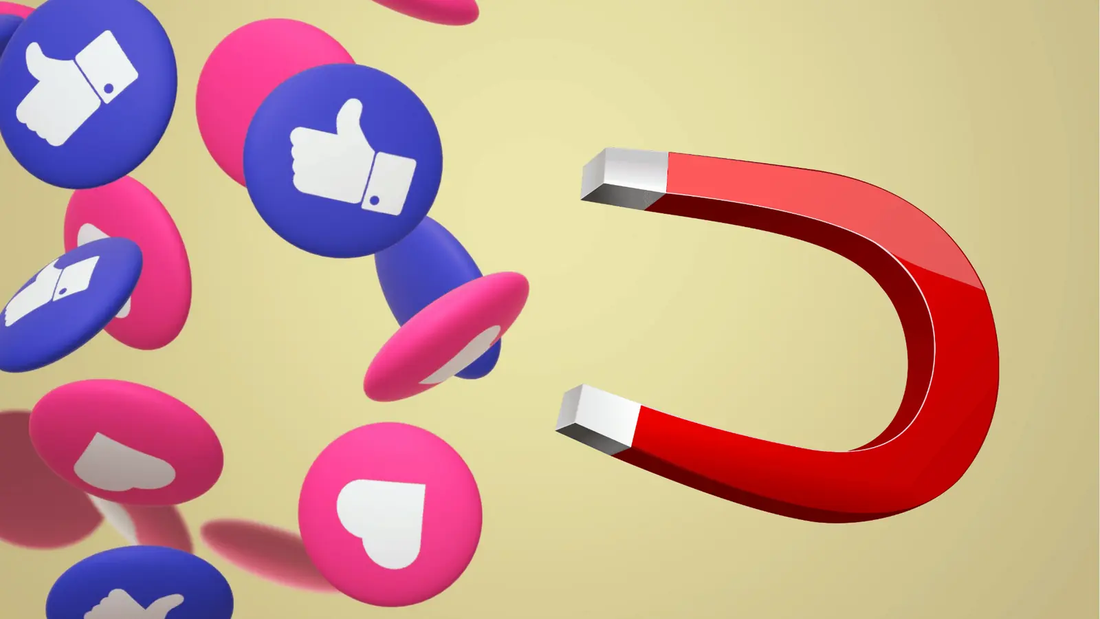 Red horseshoe magnet pulling pink heart and blue thumbs-up reaction icons