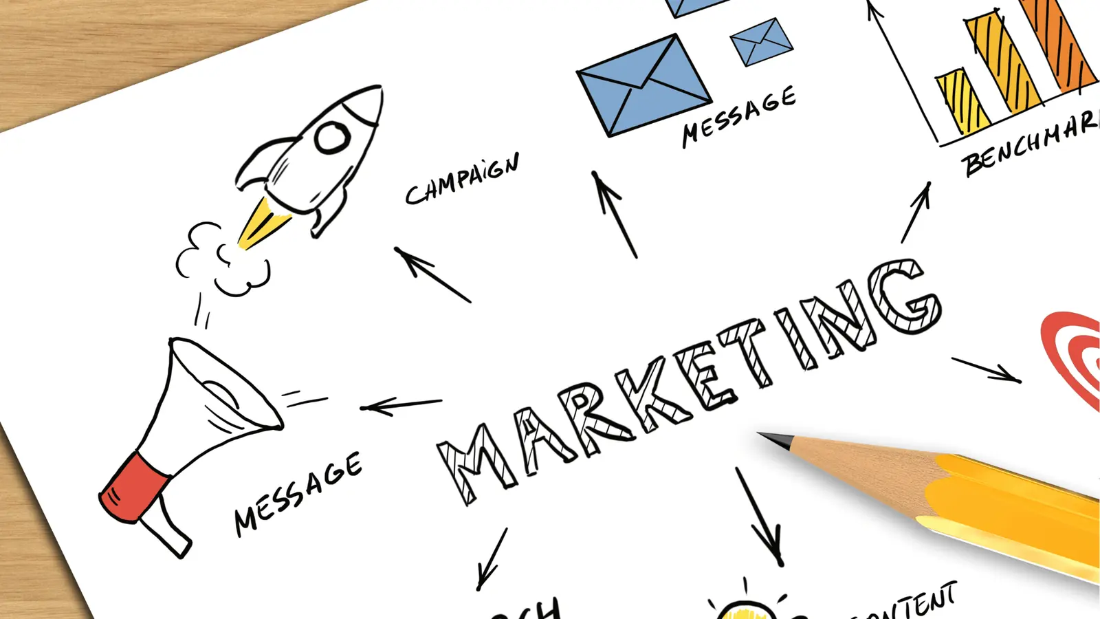 Hand-drawn marketing doodles on paper with pencil and wooden desk
