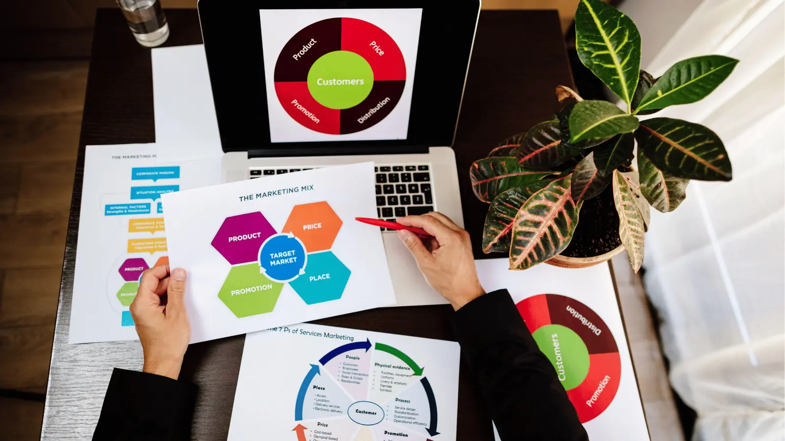 Overhead view of hands holding marketing mix diagram beside laptop and plant