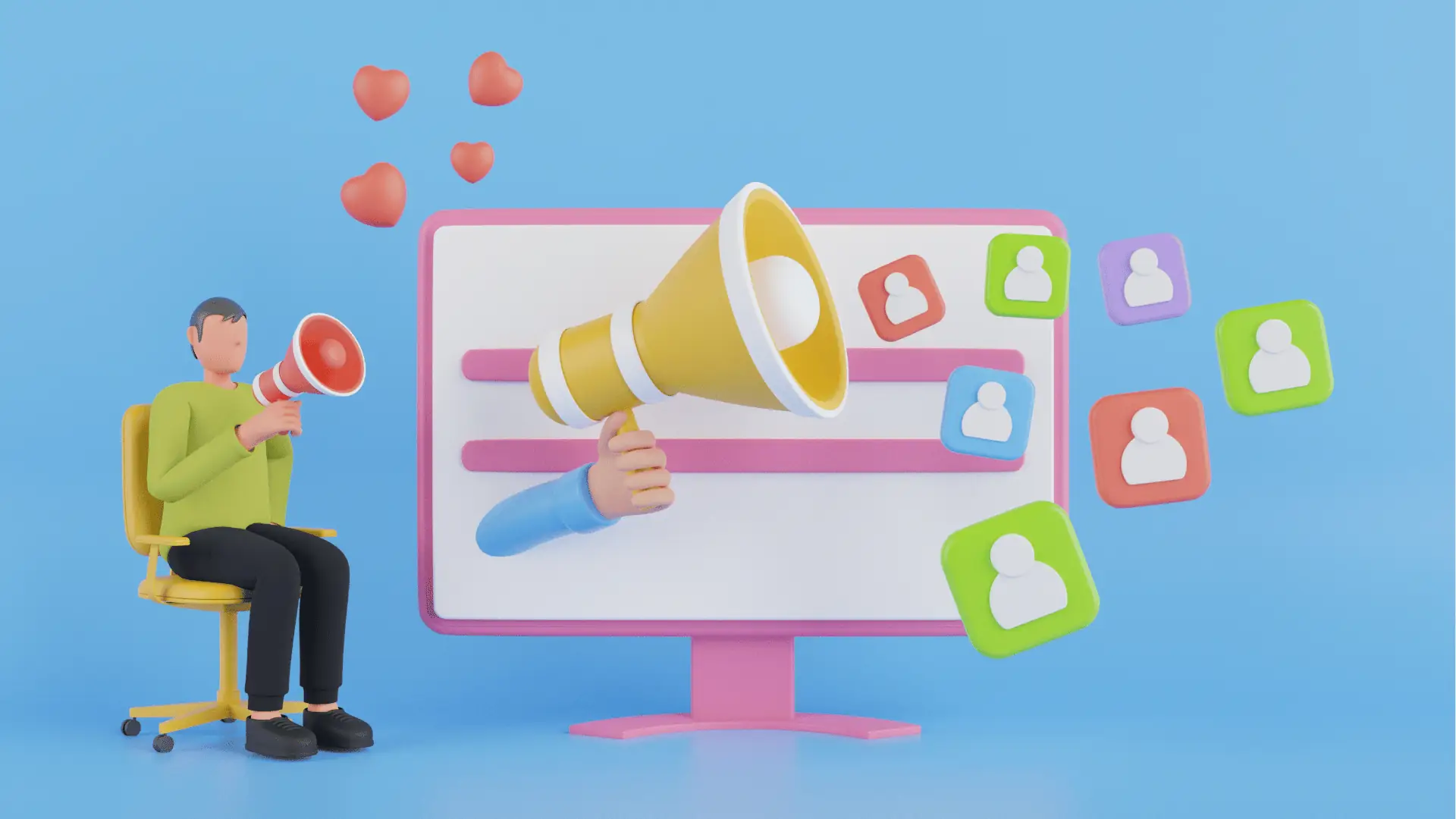 Cartoon illustration of person with megaphone and monitor showing user icons