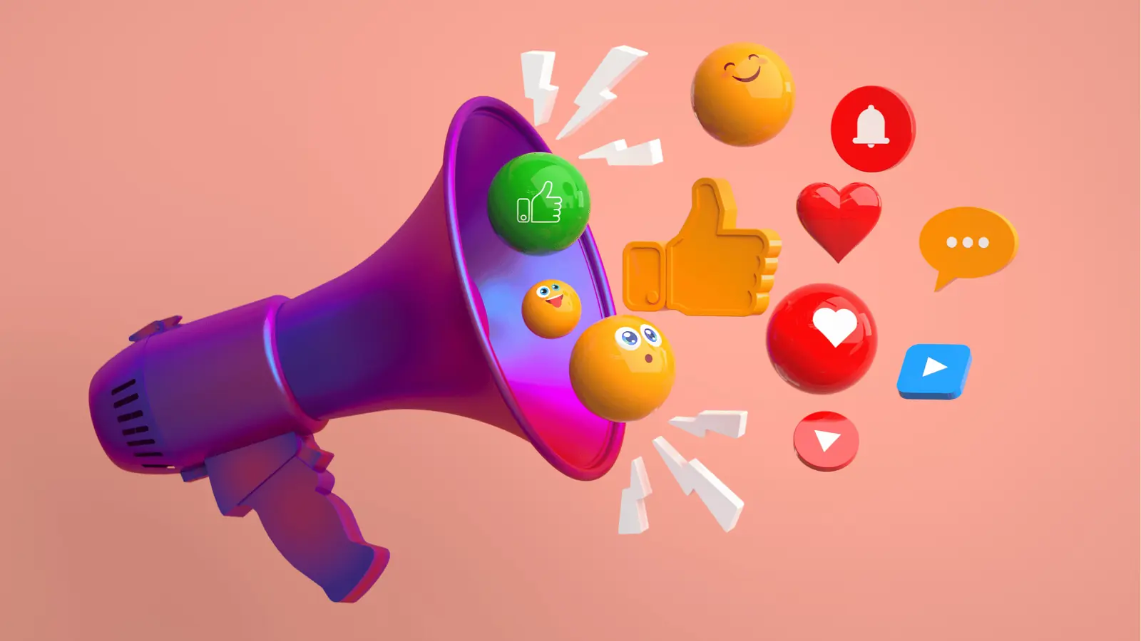 Purple megaphone projecting colorful social media reaction icons