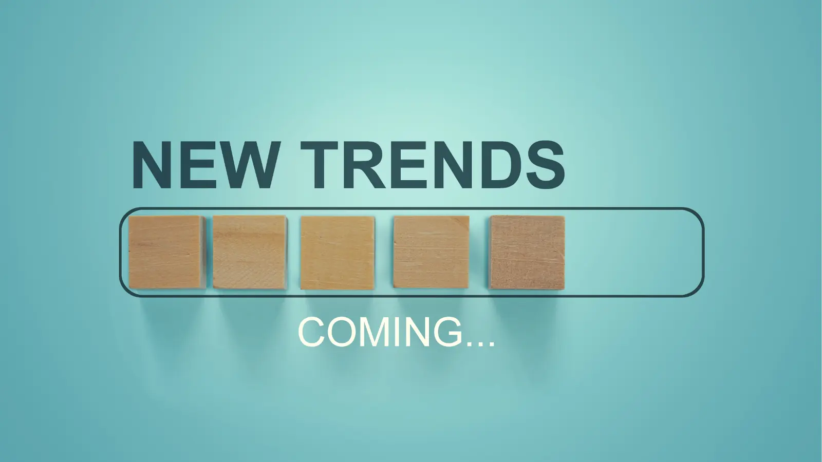 Teal graphic with large text 'NEW TRENDS' and five wooden blocks in progress bar for publishing