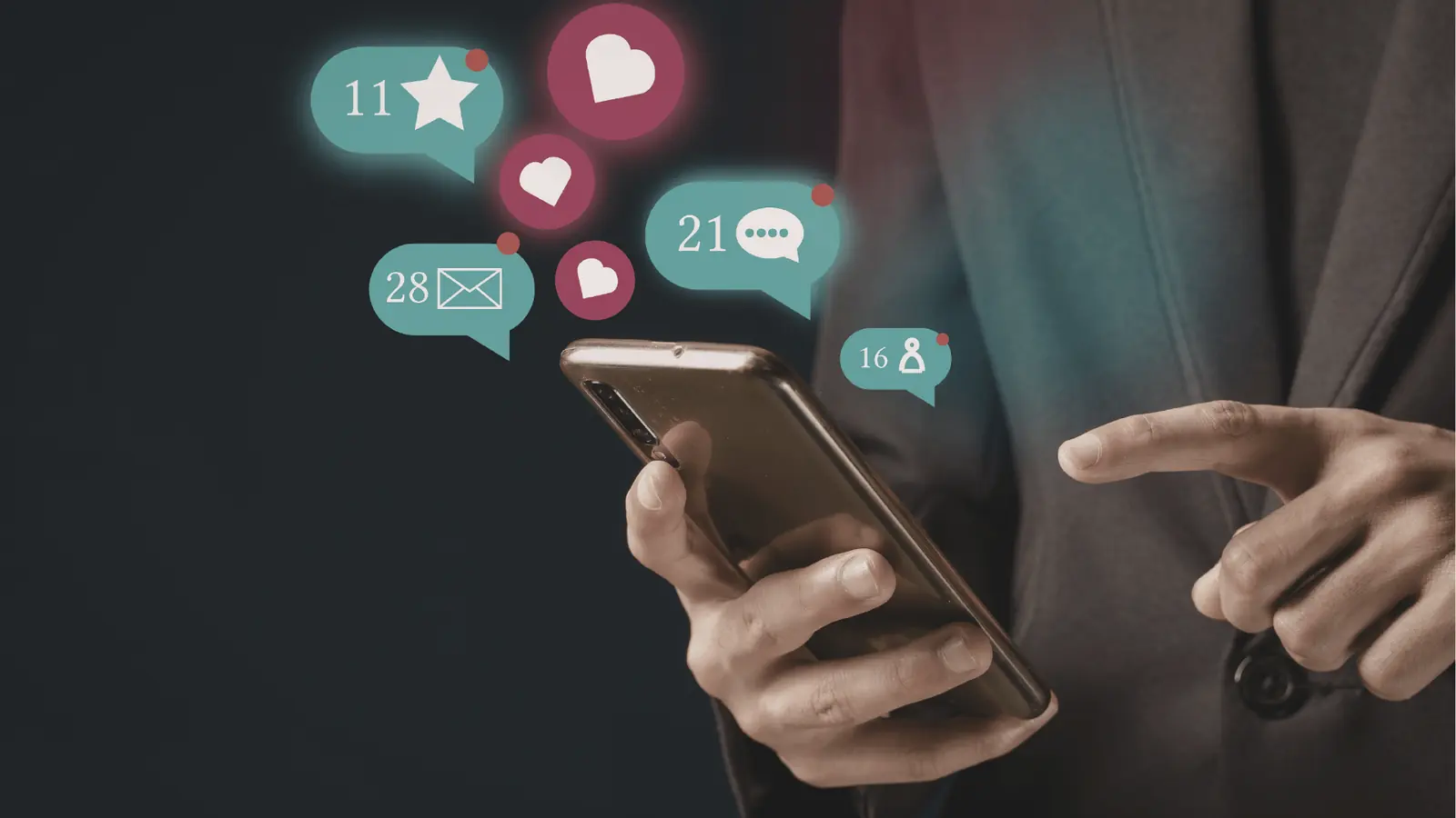 Hands holding smartphone with floating social media notification icons