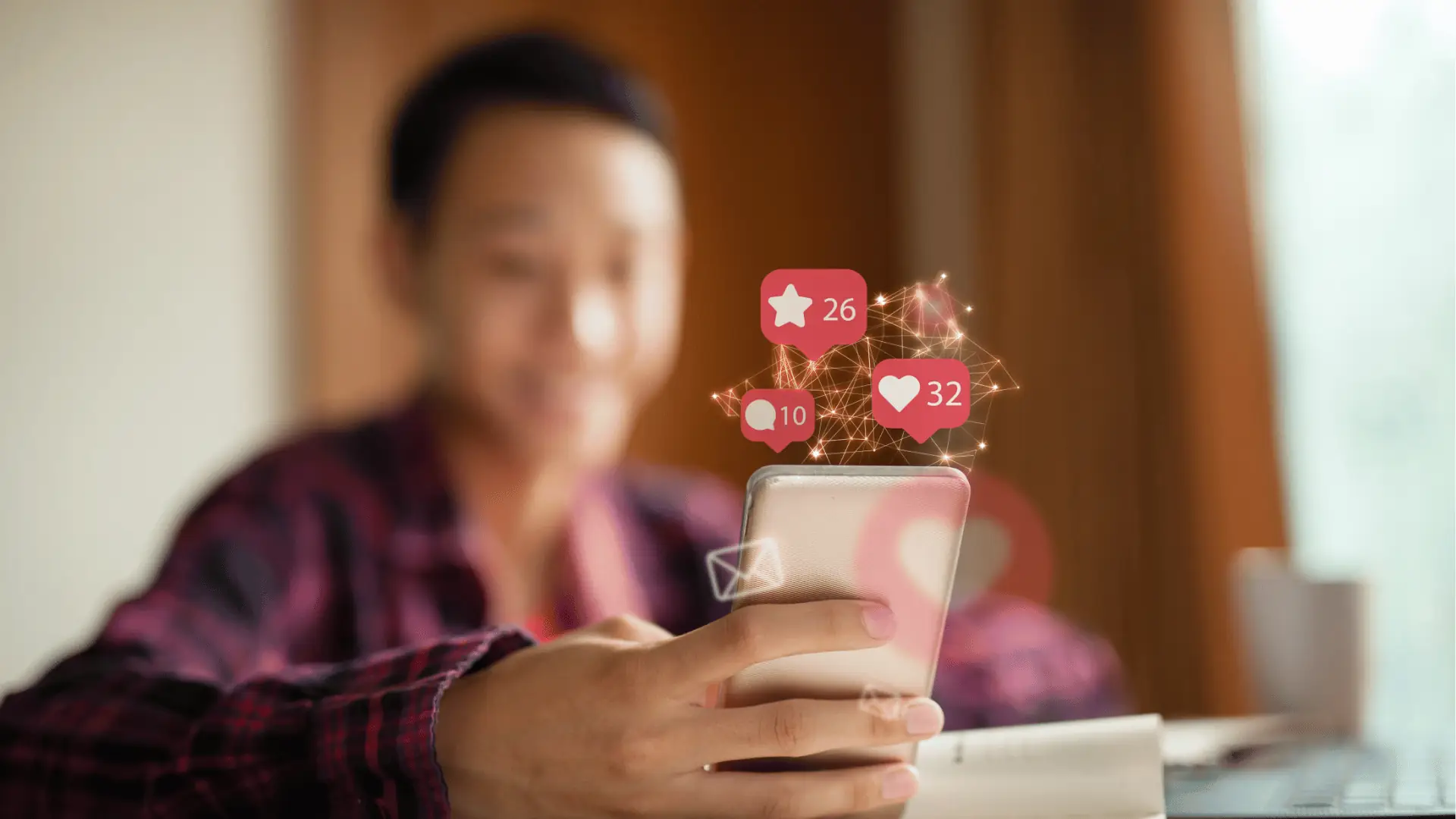 Blurred person holding smartphone with floating social media like and comment notifications for content calendar