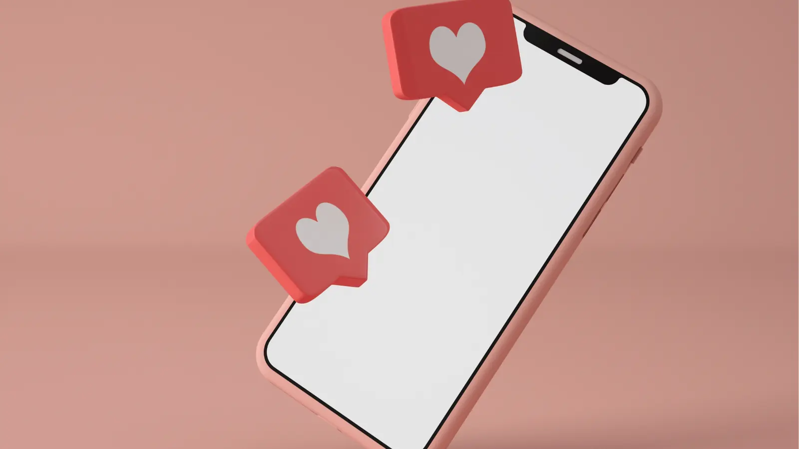 Pink smartphone with blank screen and floating heart like icons