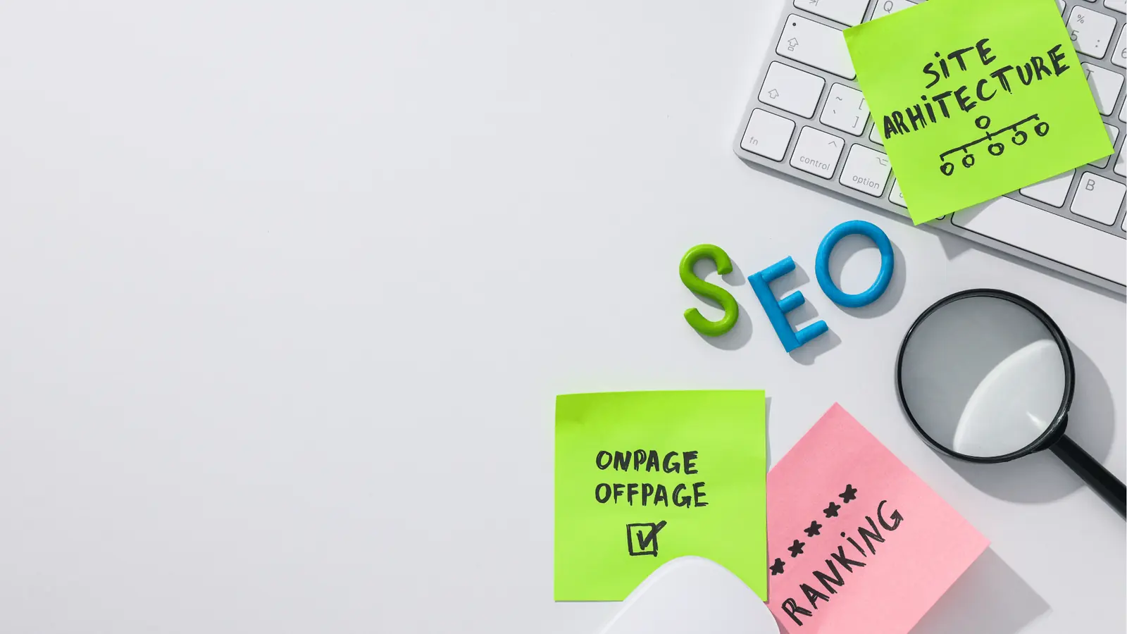 Flat lay of SEO sticky notes, keyboard, magnifier, and toy letters