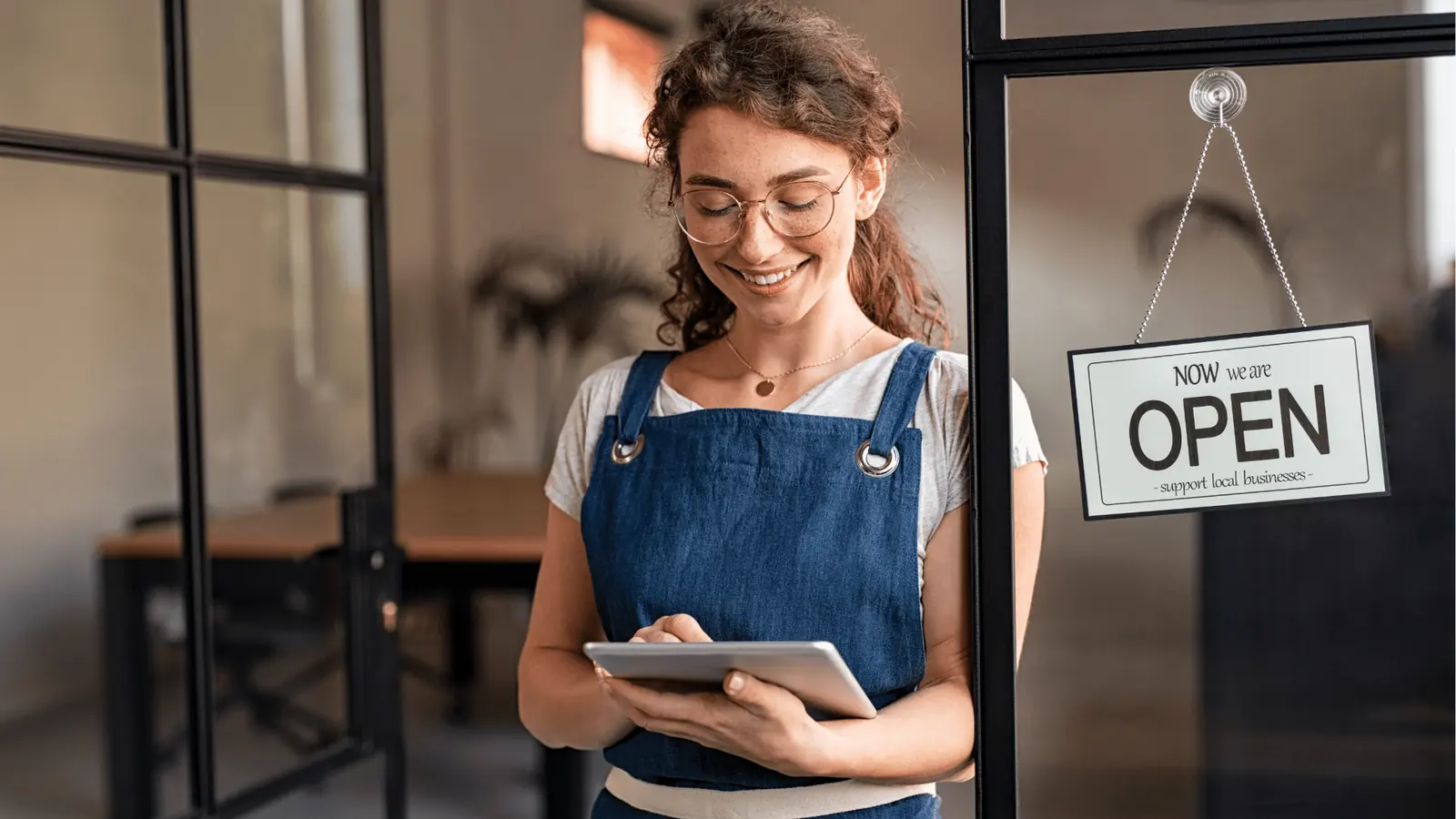 Smiling small business owner in apron using tablet by open sign