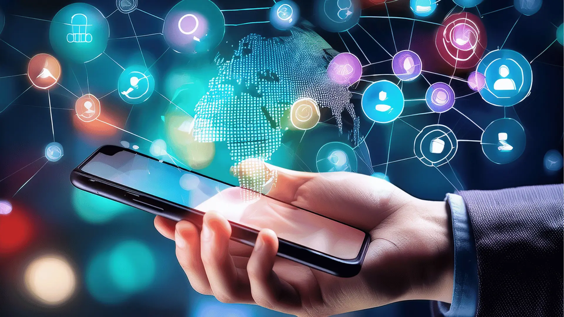Hand holding smartphone with holographic globe and network social icons floating above
