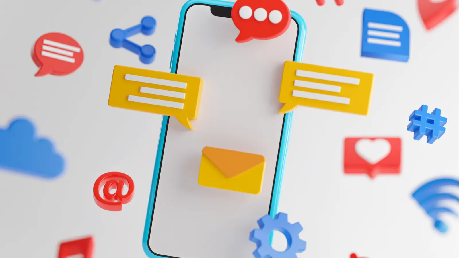 Blue smartphone surrounded by colorful floating social media icons and chat bubbles for content calendar