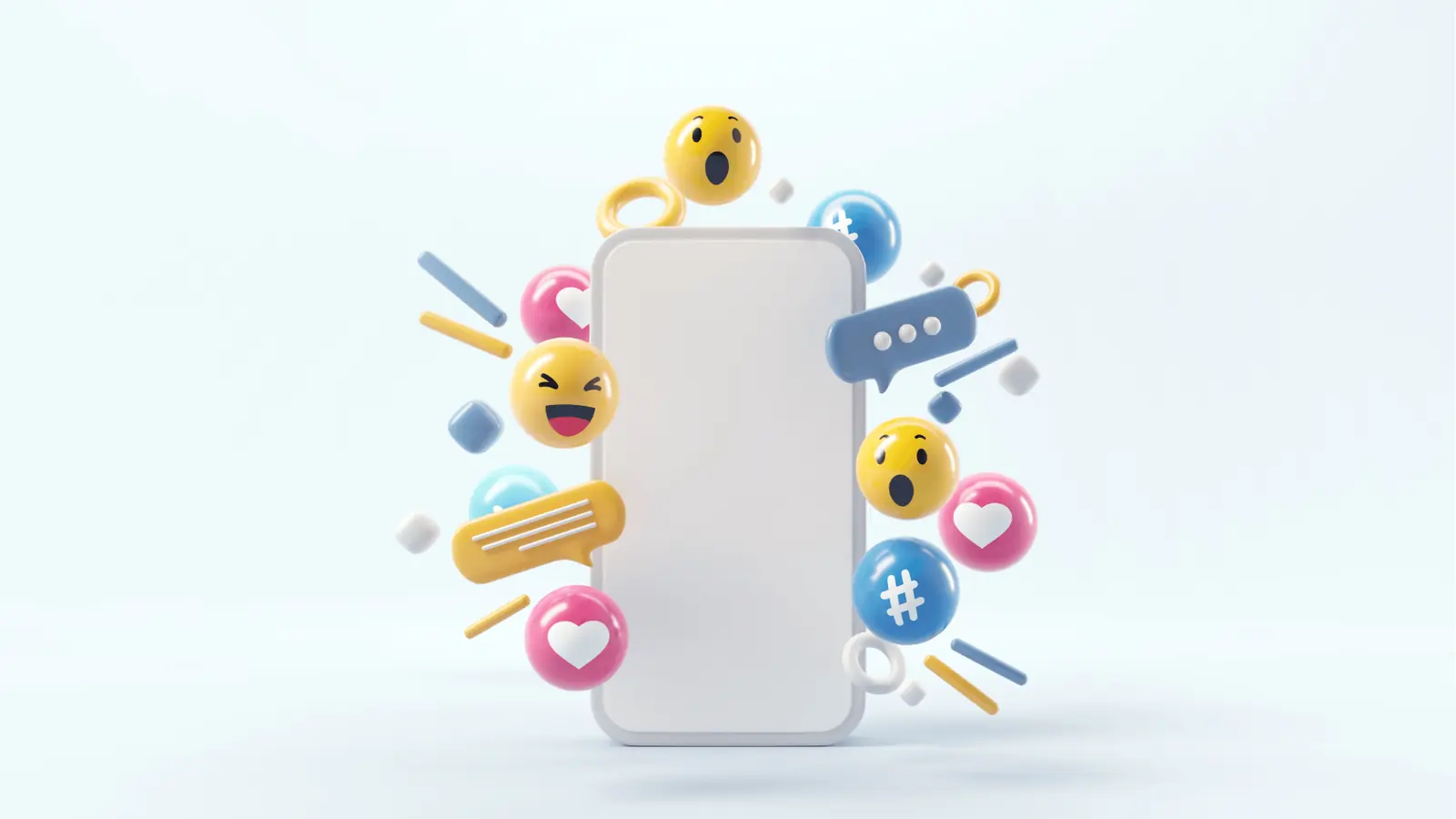 Blank smartphone mockup surrounded by colorful three-dimensional social media icons for multi-brand management