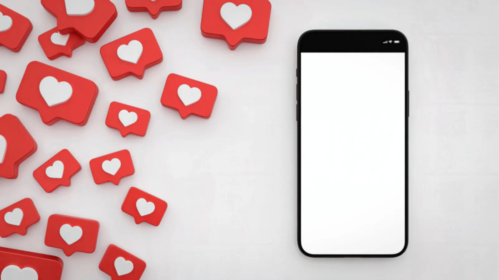 Blank smartphone screen on right with scattered red heart like icons left