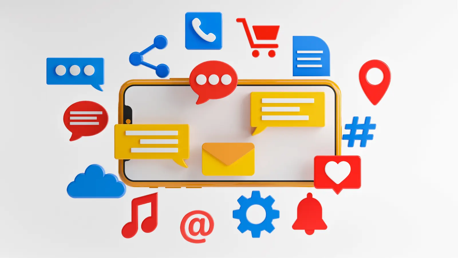 Yellow smartphone outline surrounded by colorful social media and app icons