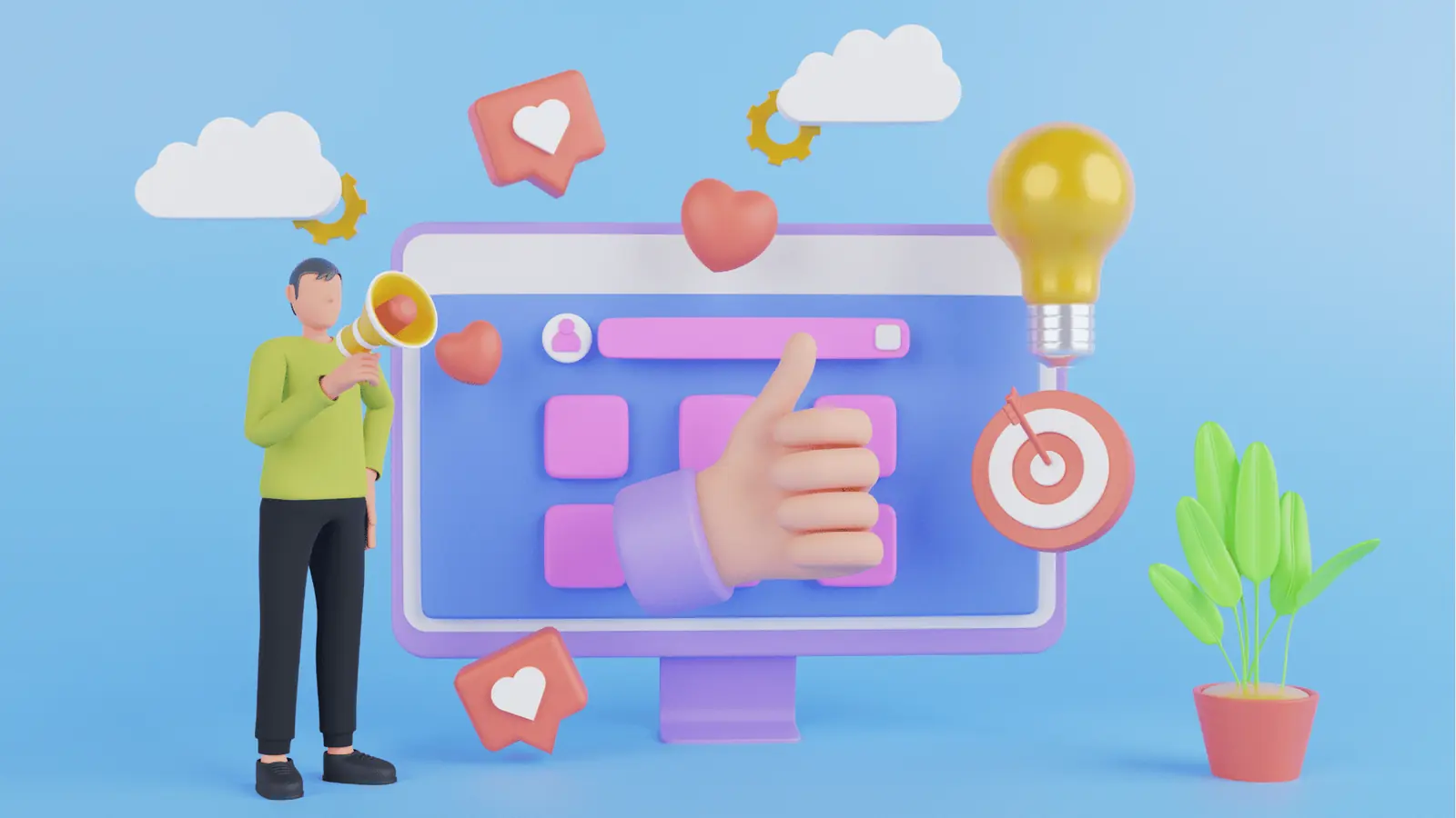3D illustration of person with megaphone and monitor showing thumbs up
