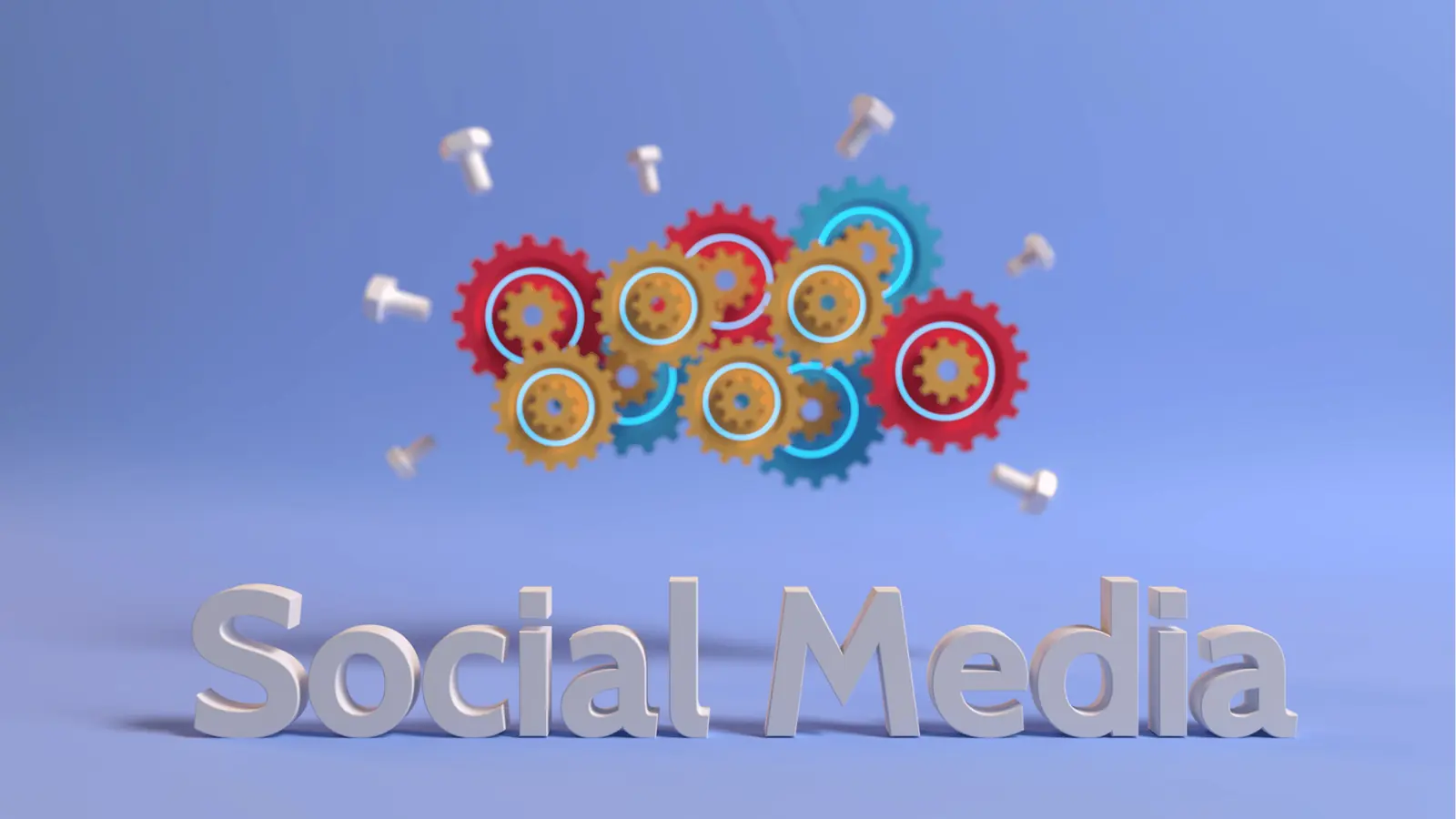 3D text Social Media with colorful floating gears and scattered bolts for approval workflow