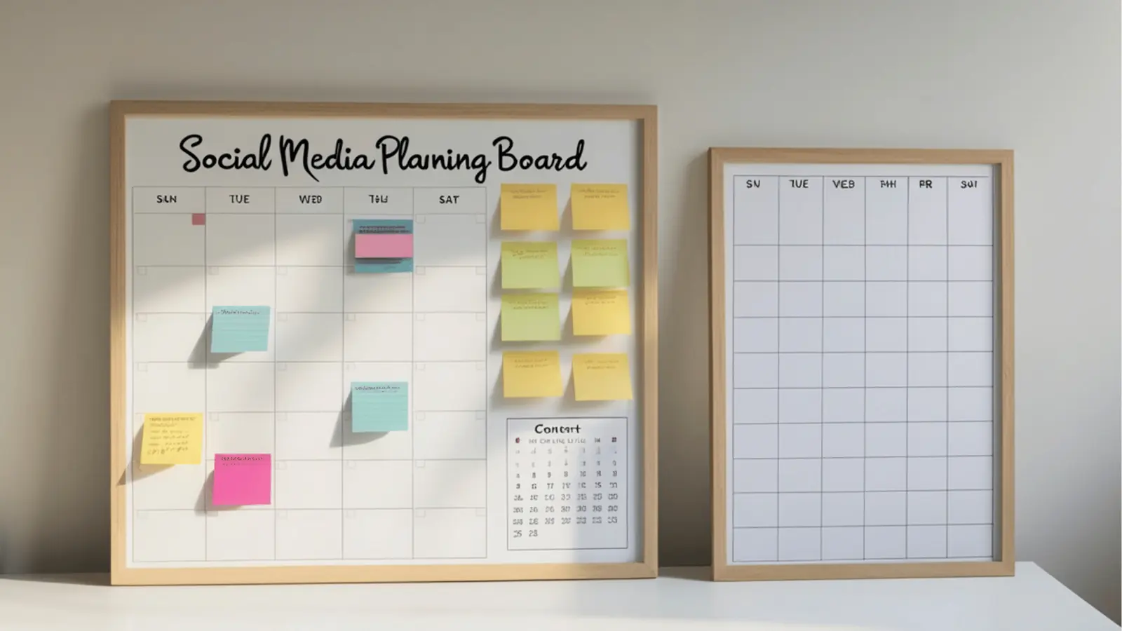 Two framed monthly planning boards with sticky notes and blank grid