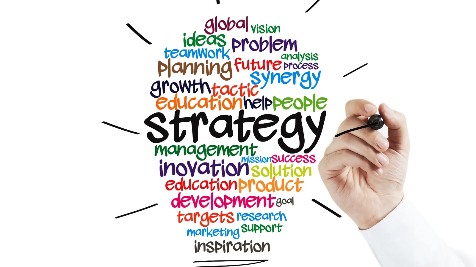 Hand drawing lightbulb shaped word cloud with strategic business terms