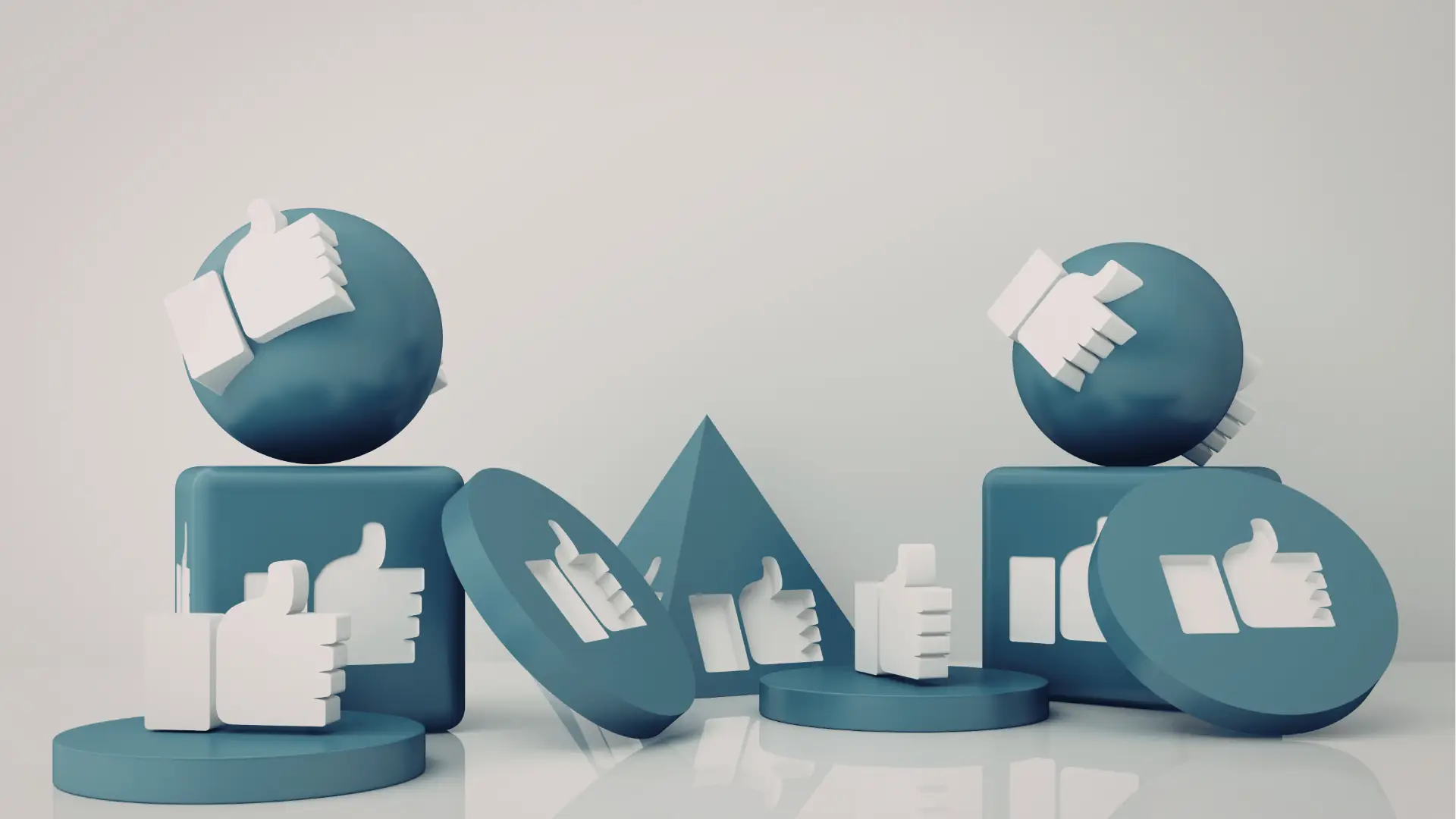 Three-dimensional blue shapes with white thumbs-up icons on neutral background