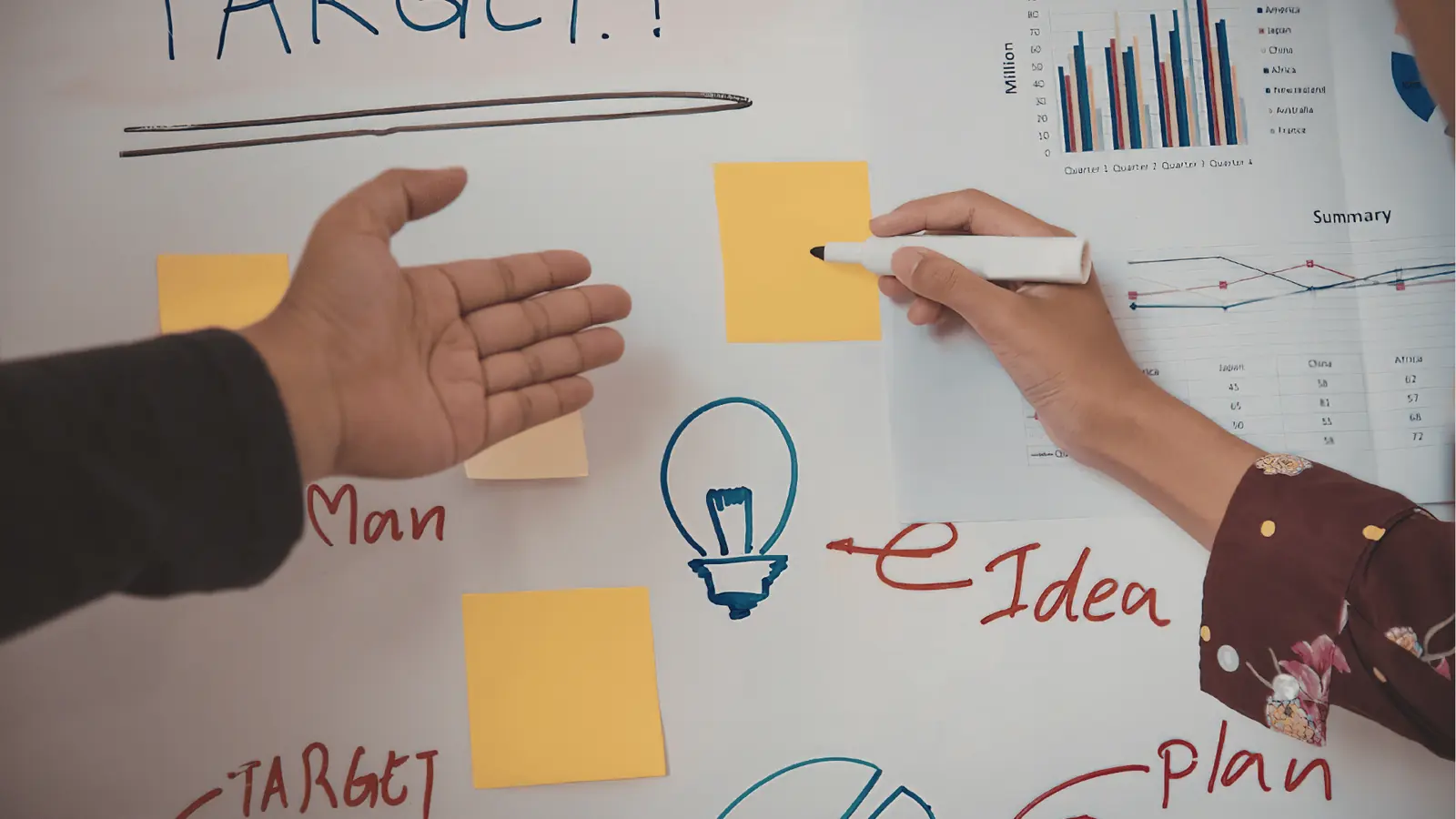 Two hands arranging sticky notes and drawings on a whiteboard