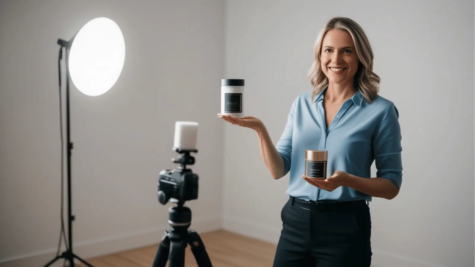 Smiling woman in studio demonstrating two jar products in front of camera