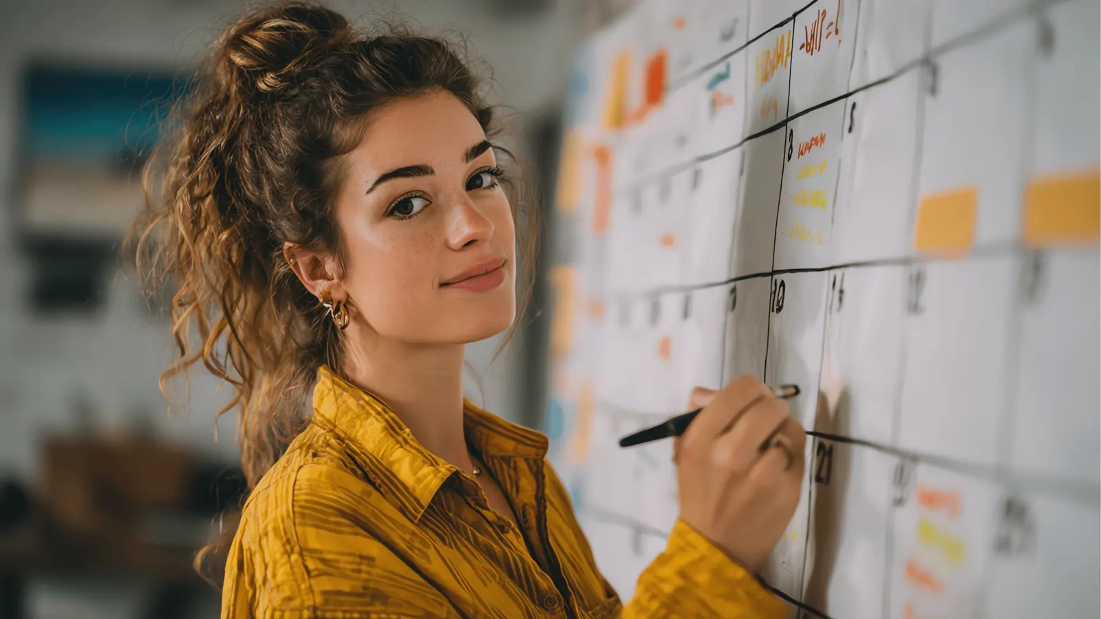 Young woman writing on a large wall calendar with colorful sticky notes
