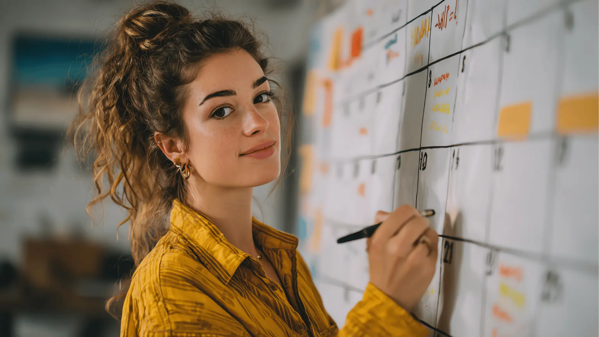 Young woman writing on a large wall calendar with marker