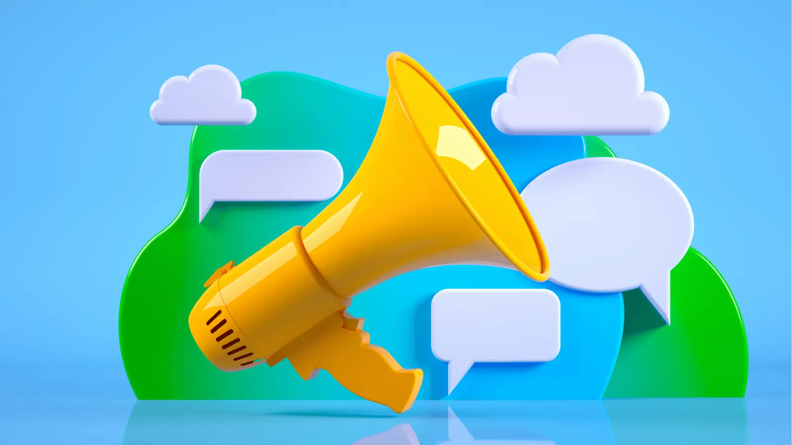 Three-dimensional yellow megaphone with speech bubbles and cloud shapes behind