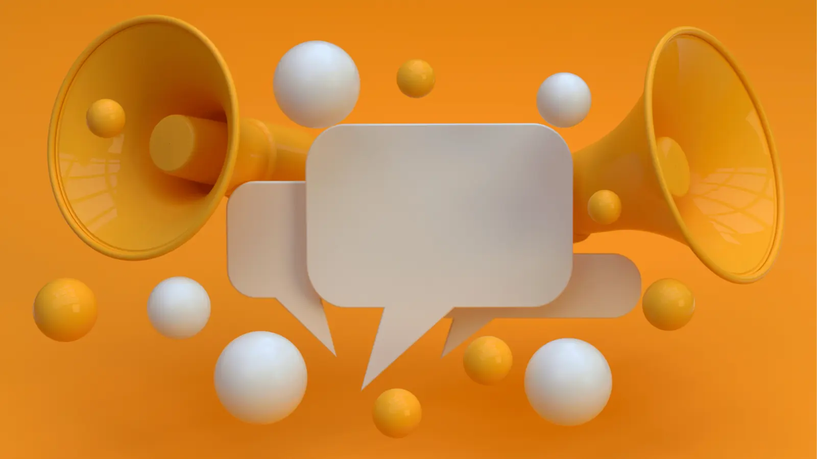 Two yellow megaphones with speech bubbles and floating spheres on orange background