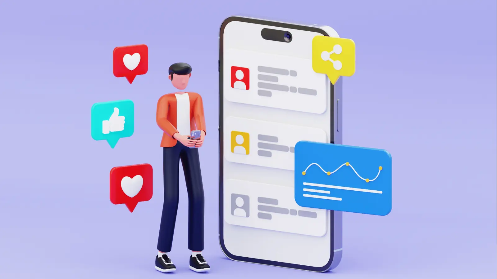 A 3D illustration of a person using a smartphone with social icons and an analytics chart for AI-assisted workflow