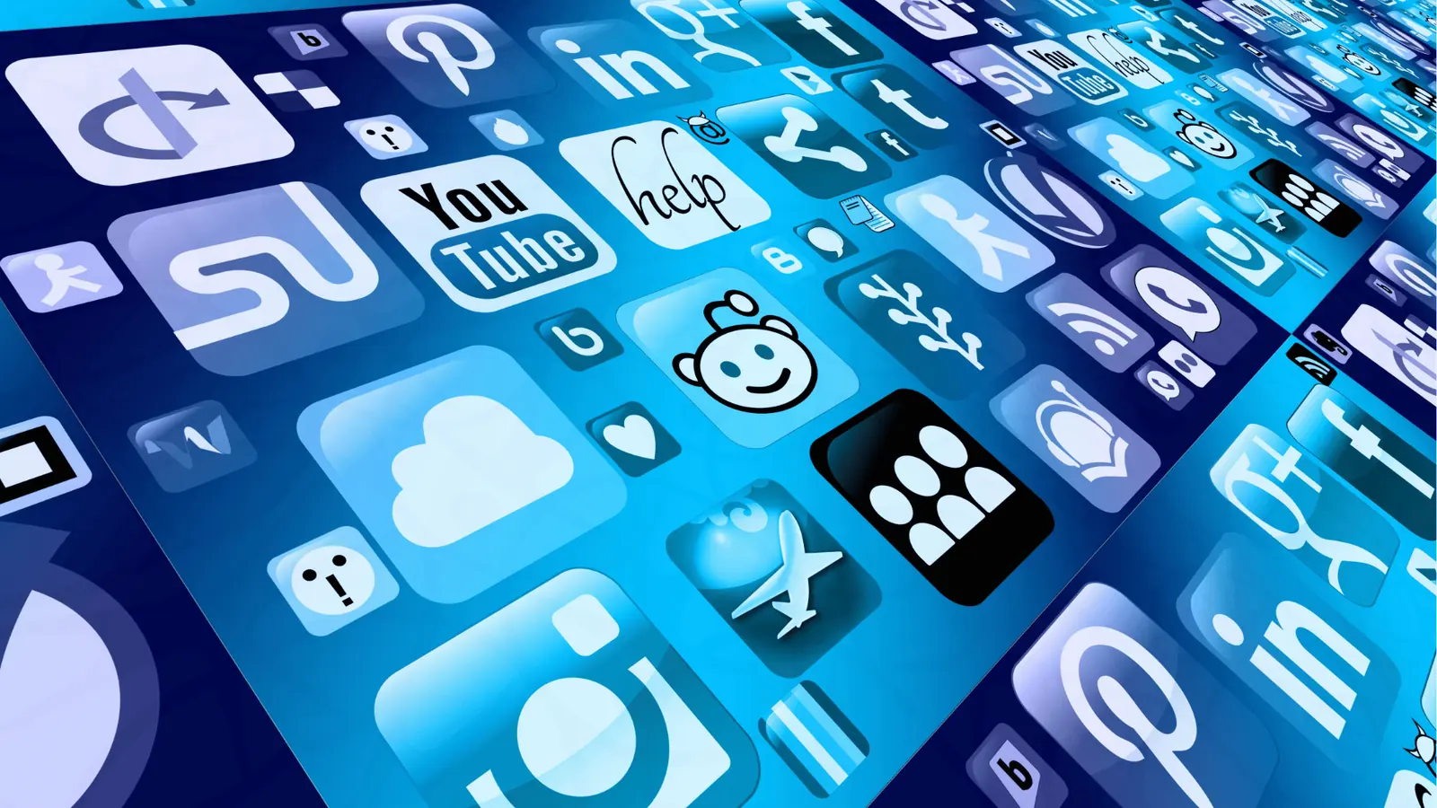 Array of blue-toned social media and app icons on angled grid