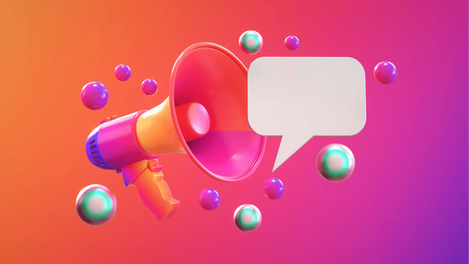 Bright 3D megaphone with blank speech bubble and floating colorful spheres