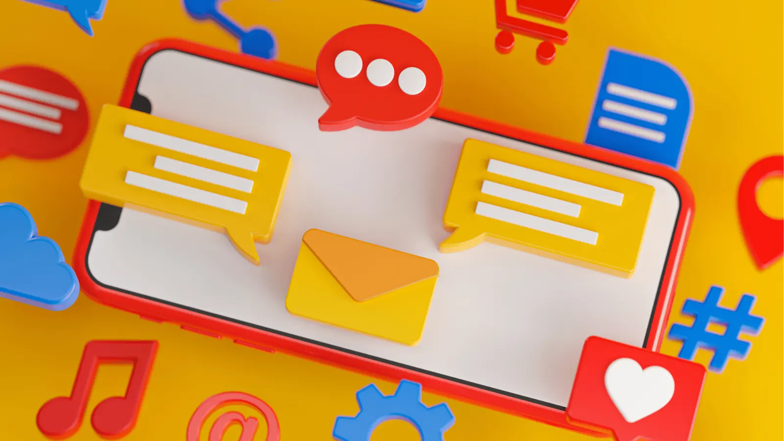 Colorful 3D smartphone with floating chat bubbles, envelope and social icons for community management