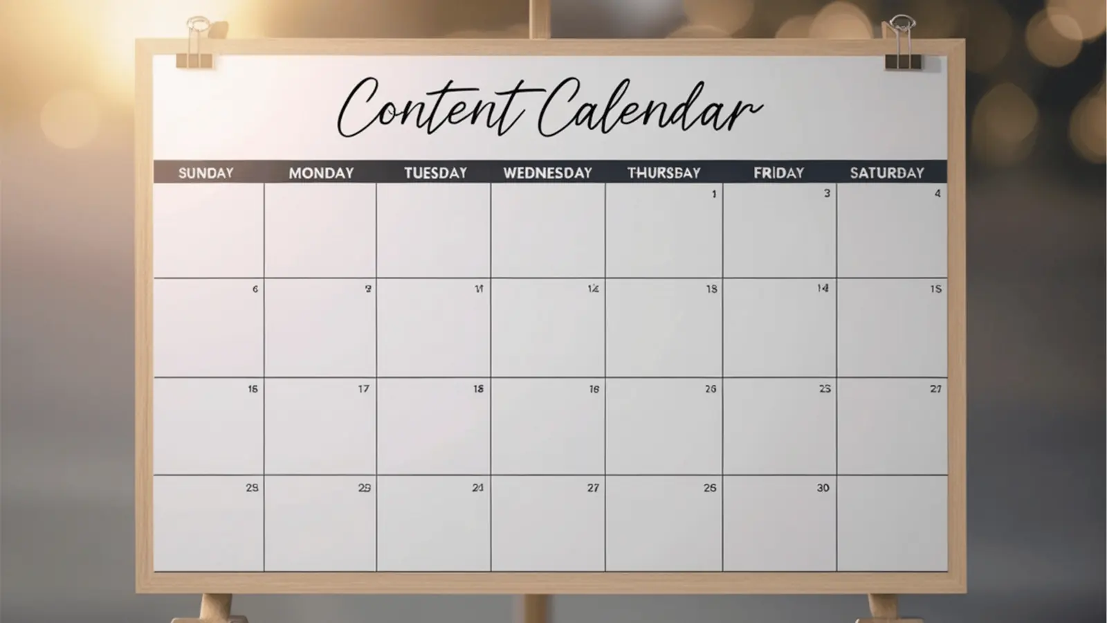 Blank monthly content calendar on wooden easel with empty date boxes for brand management