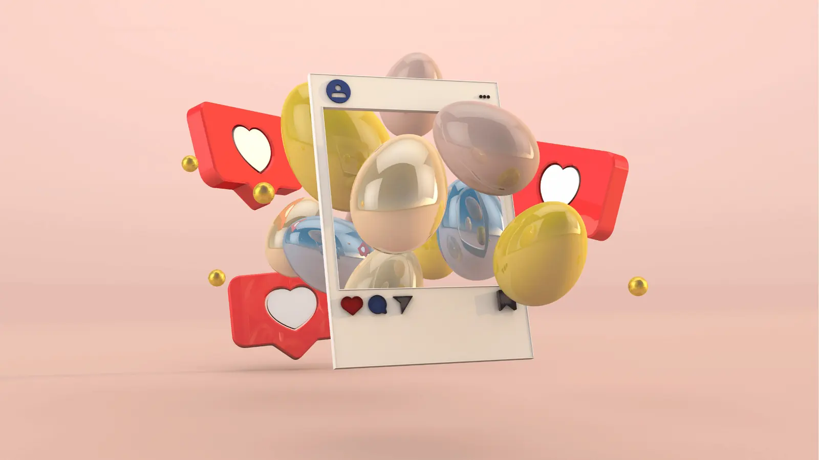 Three-dimensional illustration of floating social media like icons and glossy spheres for community management