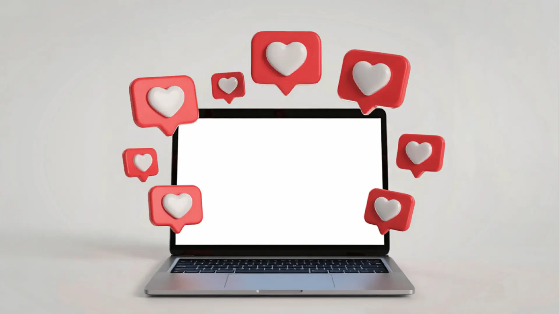 Laptop with blank white screen surrounded by floating red like icons