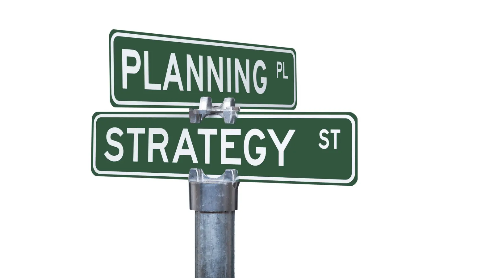 Green street signs reading PLANNING and STRATEGY on metal pole for publishing