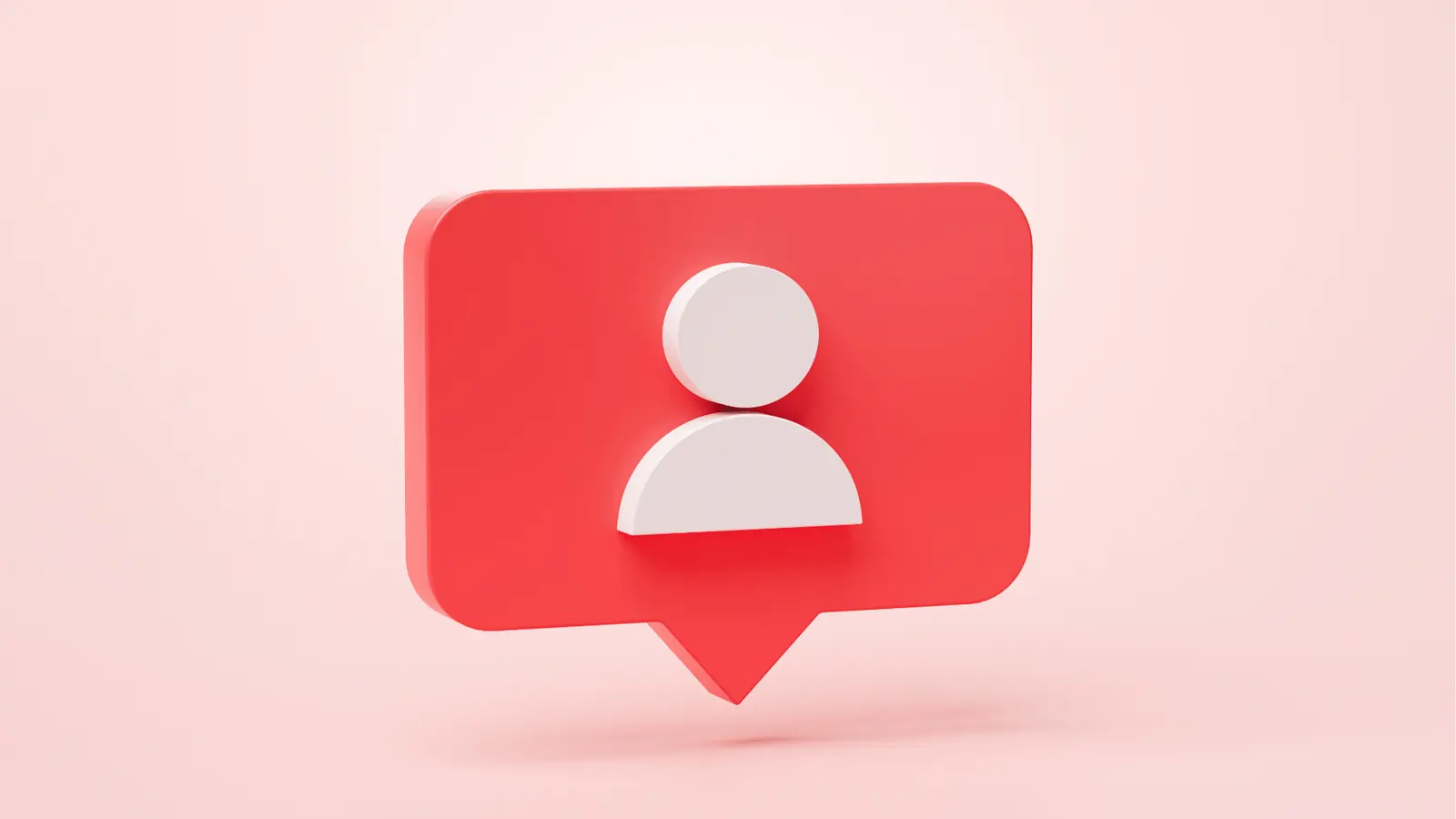3D red notification bubble with white user avatar on pink background for brand management