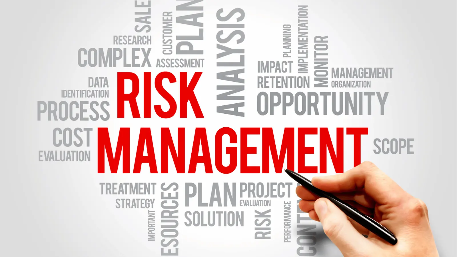 Hand with pen pointing at red 'Risk Management' word cloud graphic for reporting