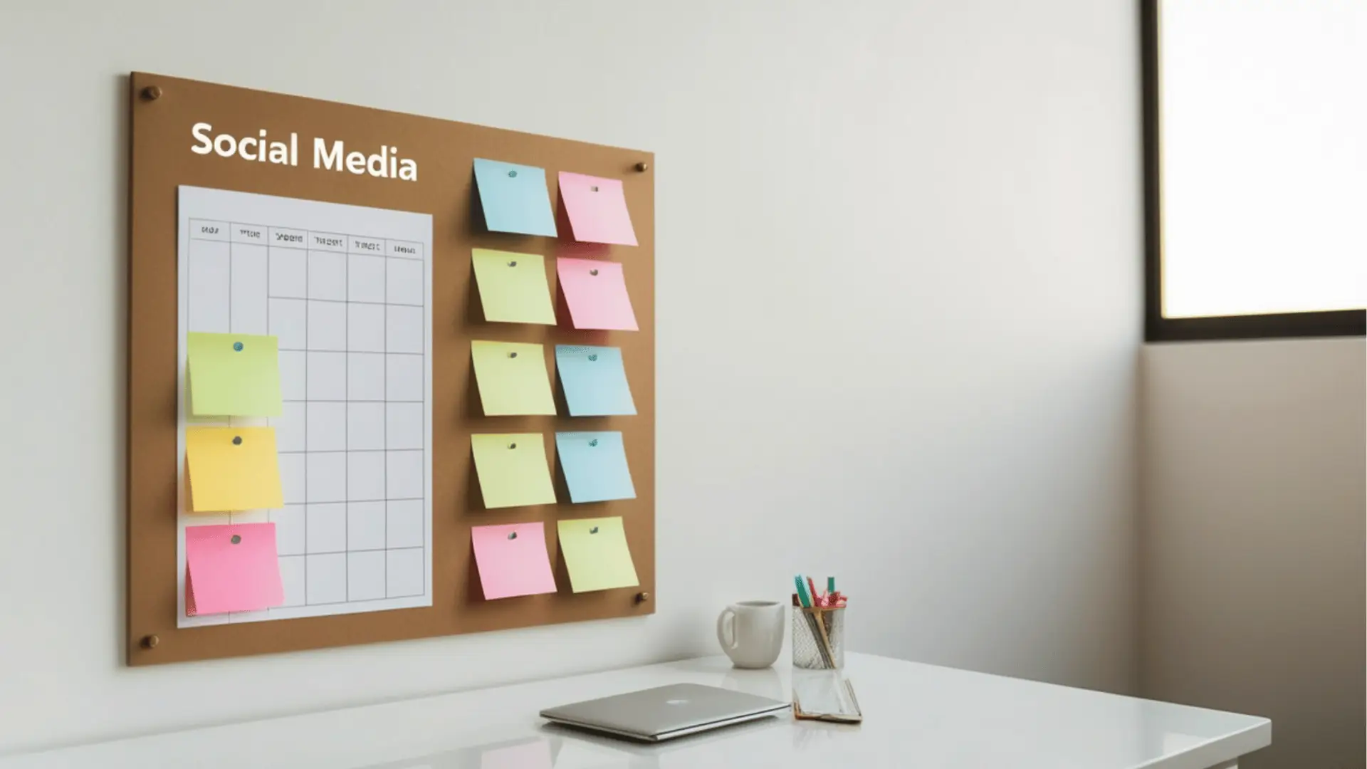 Cork board labeled Social Media with calendar and colorful sticky notes above desk