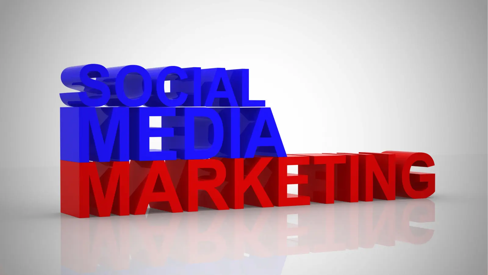 Glossy three-dimensional words 'SOCIAL MEDIA' in blue above red 'MARKETING' on white background for AI-assisted workflow