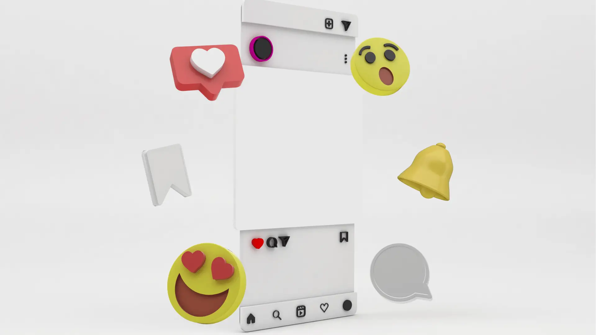 3D mockup of a blank mobile feed with floating reaction emojis and icons for approval workflow